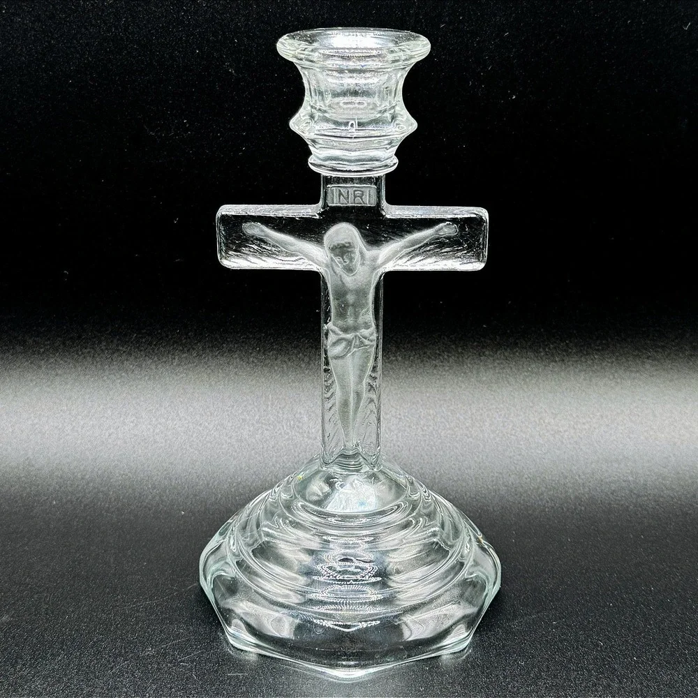 Vintage Home Interiors Glass Crucifix Candle Holder Jesus Religious‎ Cross USA
